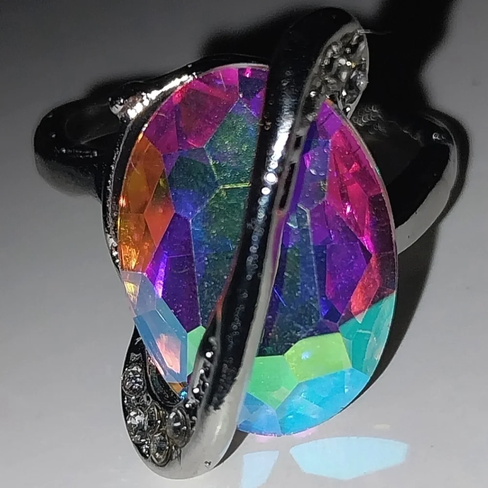 Elegant Multicolor Crystal Silver Ring Sz 9